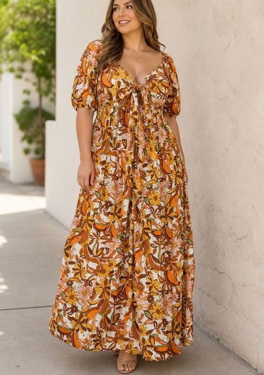 Eloquii Dresses & Skirts - ELOQUII Sz 18 Retro Floral Tie Front Puff Sleeve Maxi Dress 70s Boho